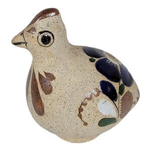 Vintage Small 4" Mexico Folk Art Pottery Tonala Painted W/ Flowers Bird Figurine